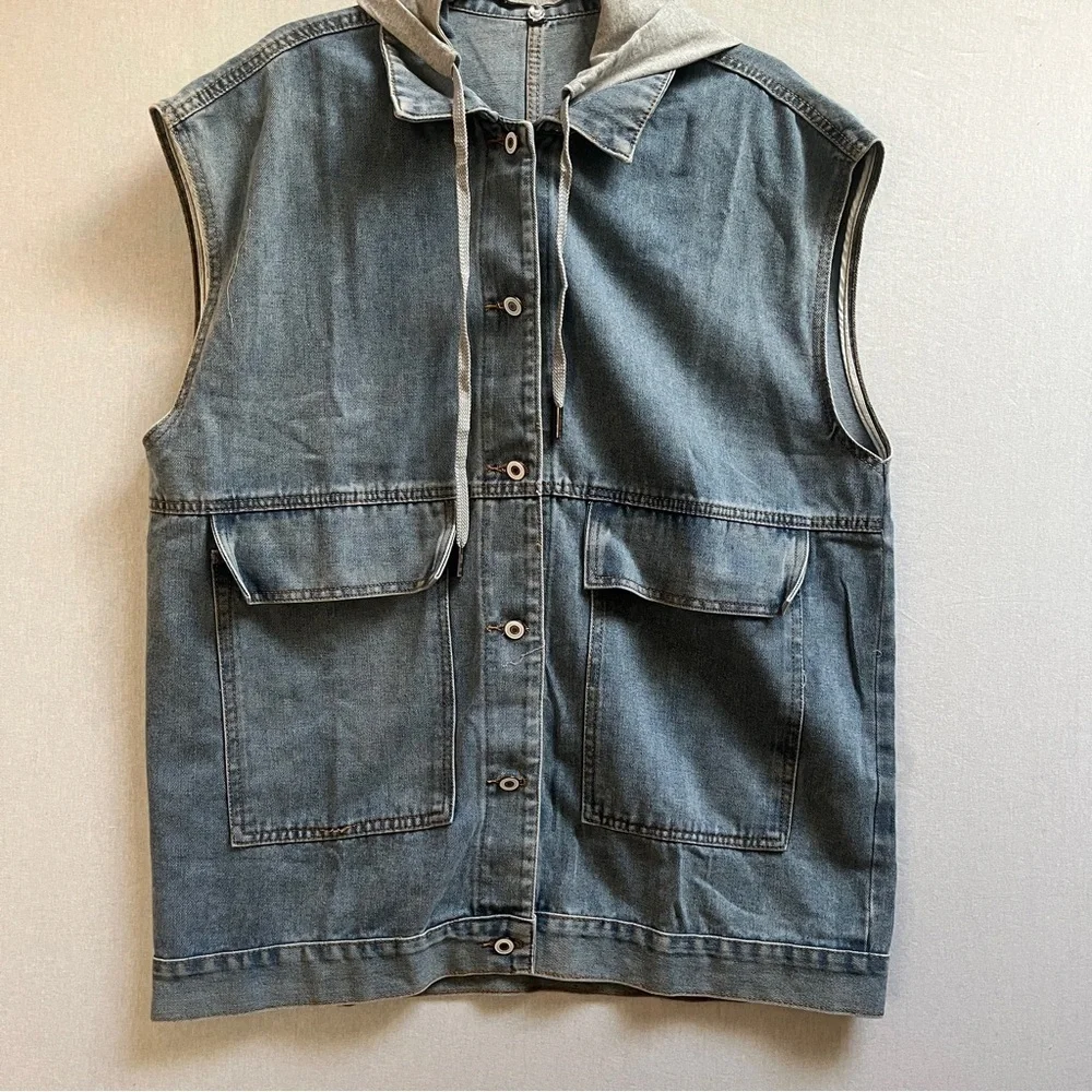 Oversized Light Wash Denim Vest Detachable Gray Hood M - Picture 1 of 8